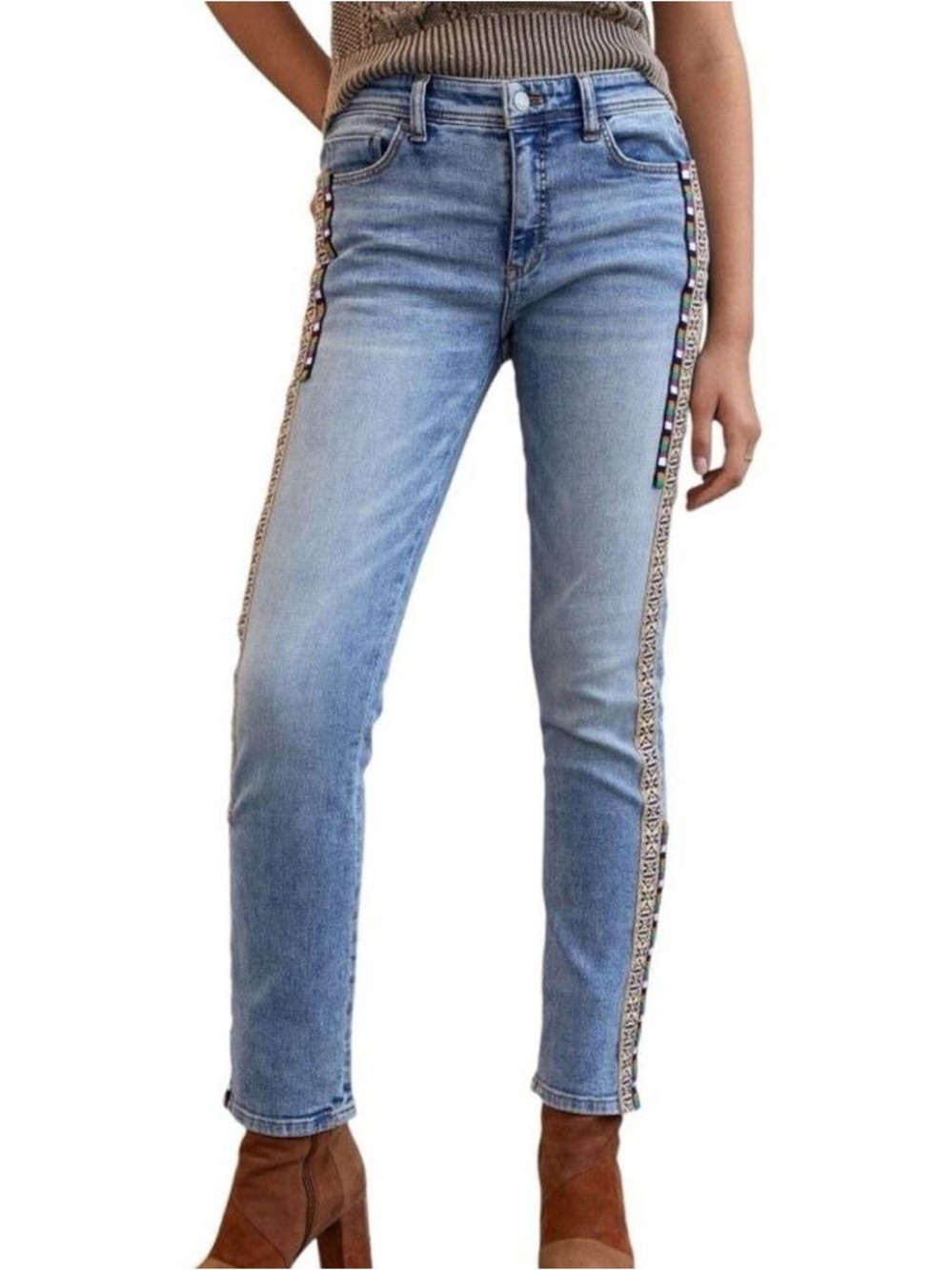 Pilcro Anthropologie Slim Boyfriend Jeans Embroidered Bohemian Trim Size 28/6